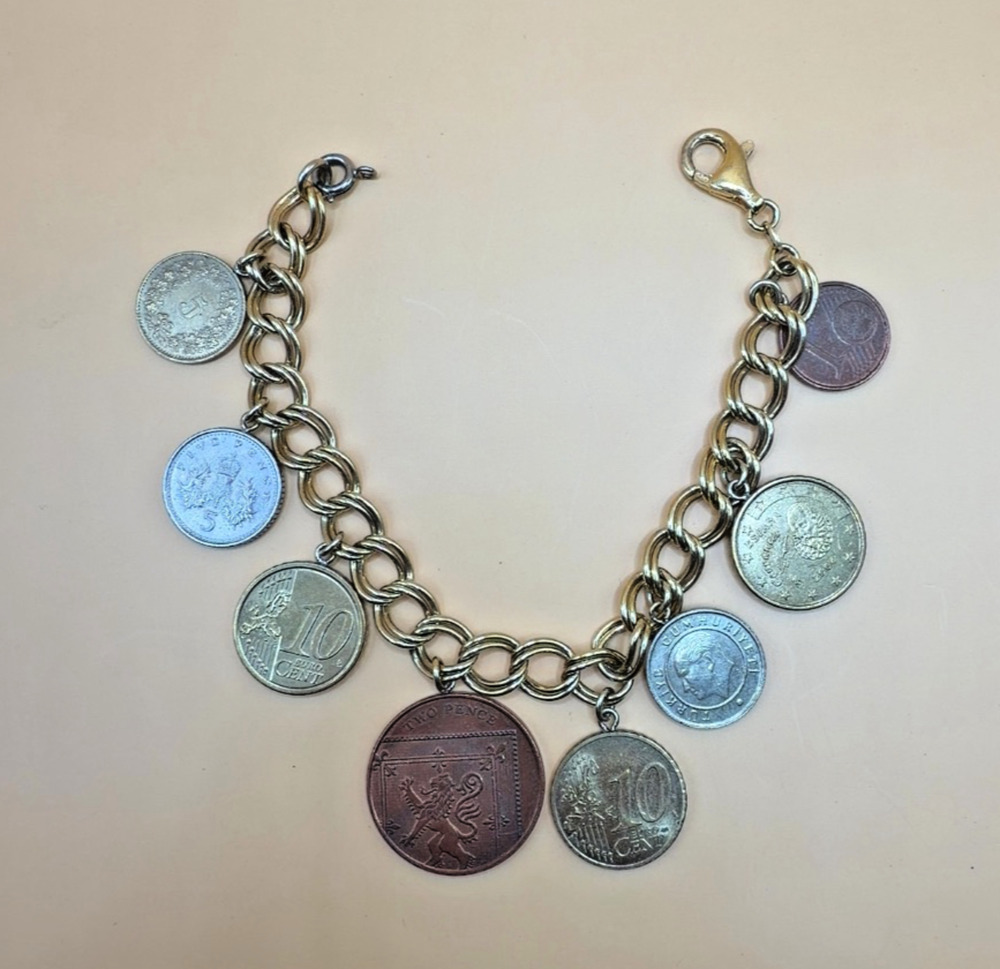 Vintage Style World Coin Charm Bracelet Mixed Foreign Coin Dangles 7"